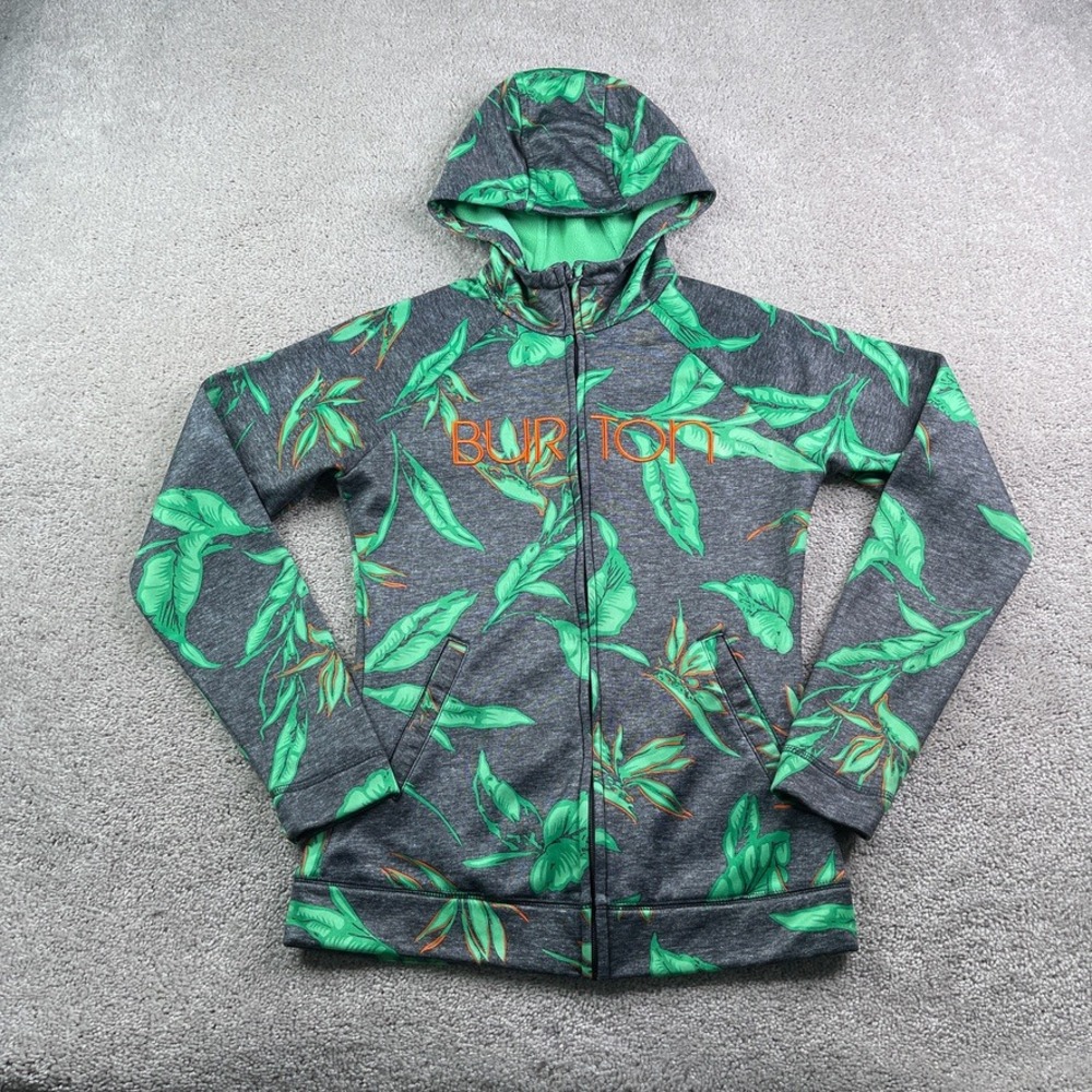 Burton Hoodie Women Small Gray Green Floral Full Zip Peak Fleece Sweatshirt Logo